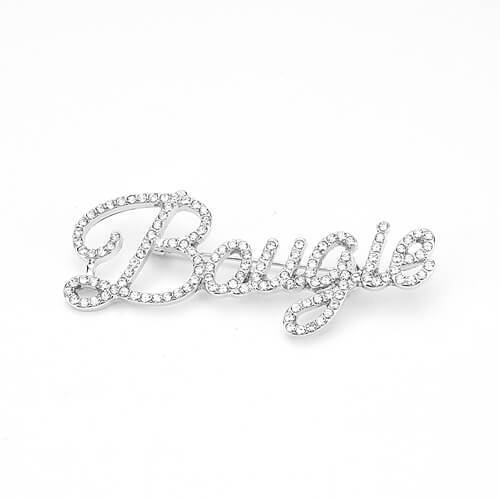 Personalized silver diamante word brooch pin custom rhinestone name pins wholesale suppliers